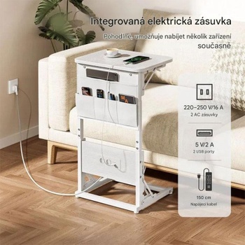 Odkladací stolík 140139WH, predlžovací kábel a úložný priestor, biely - A