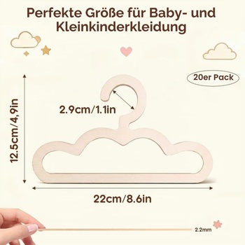 Sada 20 detských ramienok na oblečenie, drevená, 22*12,5 cm, ramienka na detské oblečenie v tvare
