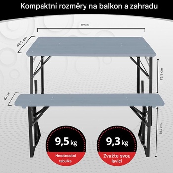 Záhradný set BBDL-119, 1 stôl a 2 lavice, dĺžka 119 cm, šedá - B