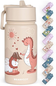 Detská nerezová fľaša na vodu 400ml (béžová - dinosaury)
