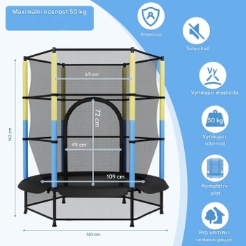 Detská trampolína s bezpečnostnou sieťou TX-B7105C-4, Ø140 cm, modro/žltá - A