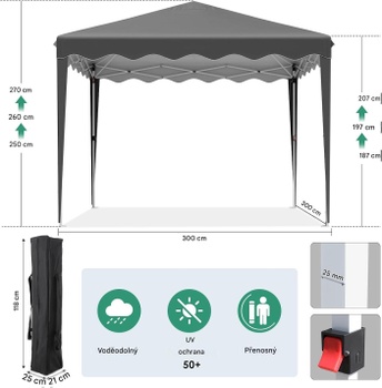 Záhradný altánok so 4 bočnými panelmi, 3 x 3 m, UV ochrana 50+, sivý - A