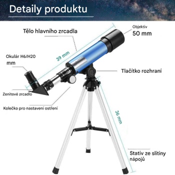 Astronomický teleskopický ďalekohľad F36050M, 360/50 mm, 90 x HD zoom, čierno/modrý - A
