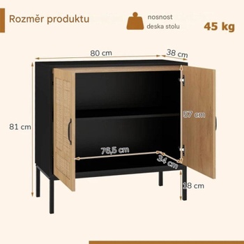 Ratanová skrinka s nastaviteľnou policou a 2 dvierkami JV11838DK, 80 x 38 x 81 cm, čierna/prírodná - A