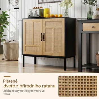 Ratanová skrinka s nastaviteľnou policou a 2 dvierkami JV11838DK, 80 x 38 x 81 cm, čierna/prírodná - A