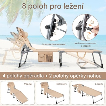 Plážové lehátko s otvorom pre tvár MO10025PN, 5polohové, 183 x 57 x 71 cm, béžové - B