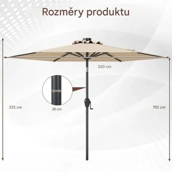 Záhradný slnečník s LED solárnym osvetlením a kľukou NP12190BE, 230 cm, béžový - A