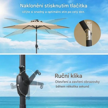 Záhradný slnečník s LED solárnym osvetlením a kľukou NP12190BE, 230 cm, béžový - A
