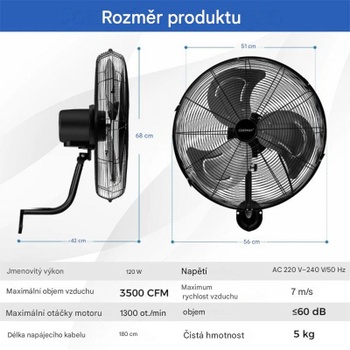 Nástenný ventilátor TAN10311630, 56 cm, 120 W, čierny - A