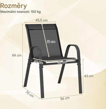 Sada 2 záhradných stoličiek WY00484MT-1DE, stohovateľné, 56 x 70 x 84 cm, čierne - A