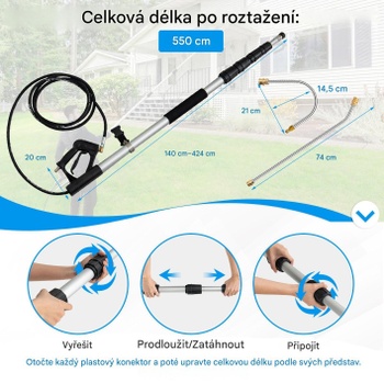 Teleskopická tyč pre vysokotlakový čistič TG10008, 550 cm, s 5 tryskami a 2 adaptérmi, čierno/strieborná -