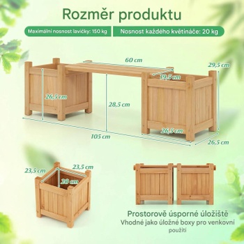 Drevená lavica s 2 bočnými kvetináčmi GT4619, 105 x 26,5 x 29,5 cm, prírodná - A