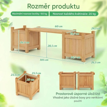 Dřevěná lavice se 2 bočními květináči GT4619, 105 x 26,5 x 29,5 cm, přírodní - A