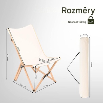 Záhradná stolička s pevným bambusovým rámom, 57 x 72,5 x 92,5 cm, nosnosť 150 kg, béžová - A