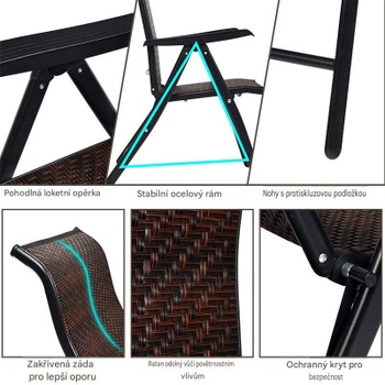 Skladacia ratanová stolička, 72,5 x 58,7 x 81,9-111,9 cm, nosnosť 113 kg, hnedá - A