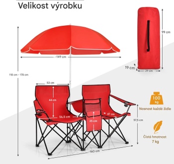 2dielne kempingové stoličky so slnečníkom RS03954, 161 x 55 x 85 cm, červená - A
