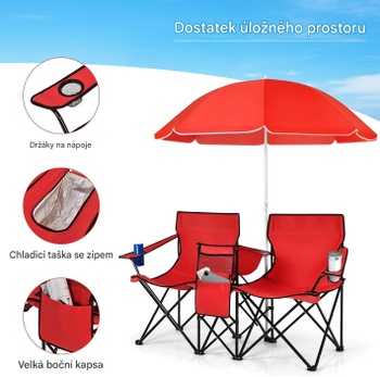 2dielne kempingové stoličky so slnečníkom RS03954, 161 x 55 x 85 cm, červená - A