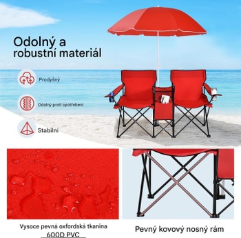 2dielne kempingové stoličky so slnečníkom RS03954, 161 x 55 x 85 cm, červená - A