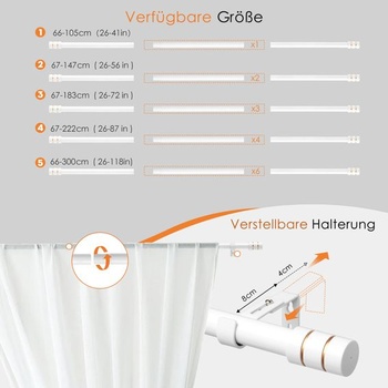 Biela výsuvná tyč na záclony, 25mm tyč na záclony 66-222 cm Biela 66-222 cm