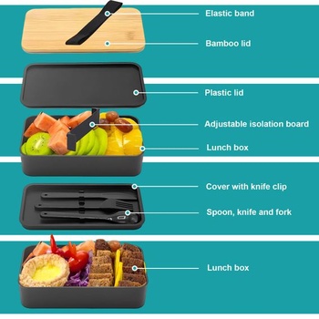 Bento obědový box pro dospělé, 1200 ml, japonský styl, 2patrové bambusové víko, sada obědových boxů