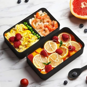 Bento obědový box pro dospělé, 1200 ml, japonský styl, 2patrové bambusové víko, sada obědových boxů