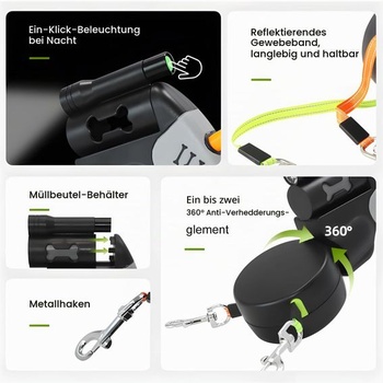 Dvojité zaťahovacie vodítko pre psov 3 m pre 2 psy, rolovacie vodítko s LED svetlom, otočné o 360 °,