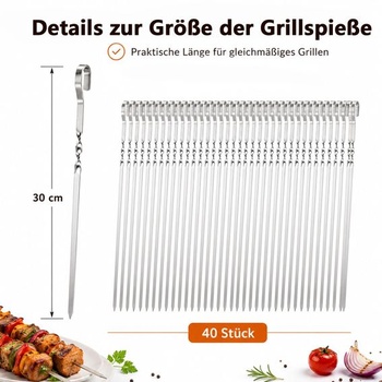40 nerezových špízov na grilovanie 30 cm – opakovane použiteľné špízy na šiš kebab