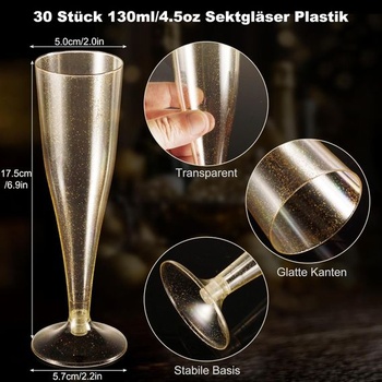 Zlaté třpytivé plastové sklenice na šampaňské, 30 kusů, opakovaně použitelné, vysoce kvalitní,
