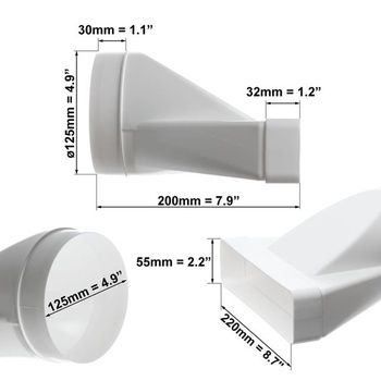 Ø 125 mm – 220 x 55 mm Adaptér pre okrúhle na obdĺžnikové rúrky – PVC Ø 125 mm-220x55 mm Dlhý