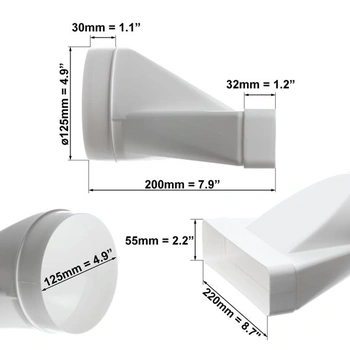 Ø 125 mm – 220 x 55 mm Adaptér pro kulaté na obdélníkové trubky – PVC Ø 125 mm-220x55 mm Dlouhý