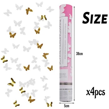 RosyFate 4 x motýlie konfetové kanóny na svadby, 40 cm, vystreľovač konfiet, efektová výška 6-10 m,