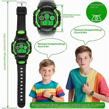 Vodeodolné digitálne hodinky DTKID pre deti (zeleno-čierne)