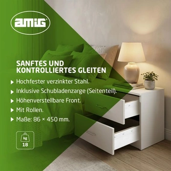 Amig - Sada 2 kovových posuvných lišt, model 30, s kolečky a bočnicemi, pro zásuvky nábytku,