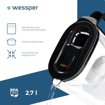 Wessper filtračná kanvica na vodu do dverí chladničky 2,7 ​​l s LED displejom - čierna