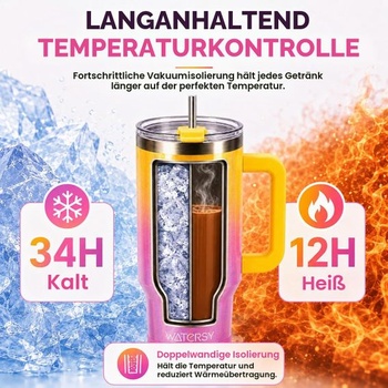 Termohrnček Watersy s objemom 40 oz s uchom a slamkou, dvojstenný hrnček na kávu z nerezovej ocele na