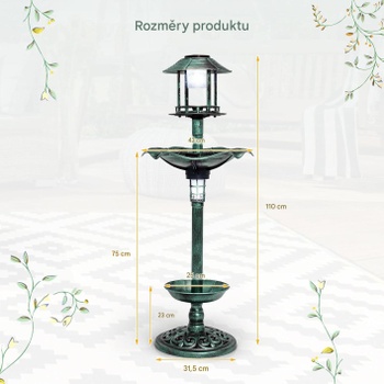 Kŕmidlo pre vtáky so solárnym osvetlením a kvetináčom QA21118ES, 110 cm, zelená - A