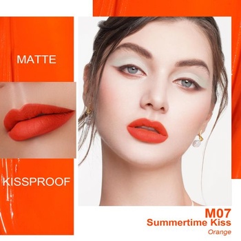 Matný tekutý rúž Oulac, oranžový rúž, dlhotrvajúci s efektom Kiss-Proof, intenzívny farebný