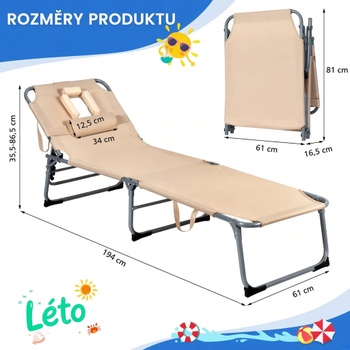 Skladacie plážové lehátko MO10025PN, 194 x 61 cm, 5 polôh, béžová - A