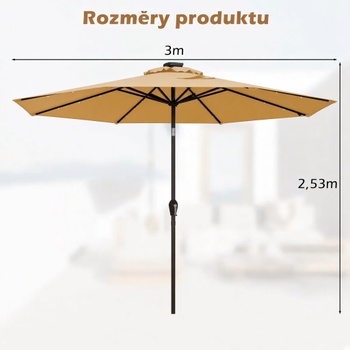 Záhradný slnečník s osvetlením a kľukou NP11494BE, ø 3 m, béžový - A
