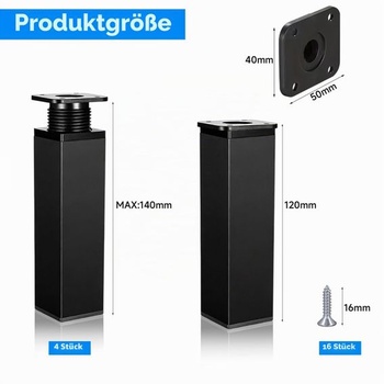 Sada 4 nastaviteľných, výškovo nastaviteľných štvorcových nábytkových nôh, hliníkové, výška 120 mm,