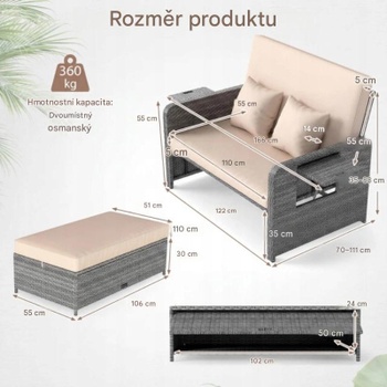 Dvoumístná rozkládací pohovka s taburetem HW75163BN, béžovo/šedá - A