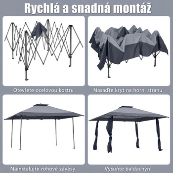 Skladací záhradný altánok s dvojposchodovou strechou NP11699GR, 4 x 4 m, šedý - A