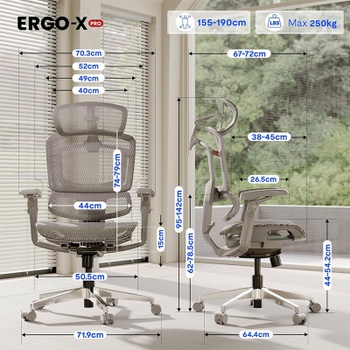 Ergonomická kancelárska stolička OS250G-M1 ErgoX Pro, nosnosť 250 kg, šedá - A
