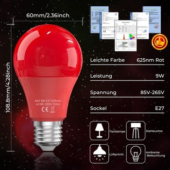 625nm červená lampa na spanie, 100% blokovanie modrého svetla, podporuje produkciu melatonínu, E27 9W