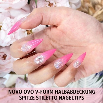 NOVO OVO Sharp Stiletto Soft gélové tipy na nechty, polovičné krytie, extra silné, tvar V, ploché