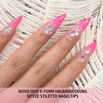 NOVO OVO Sharp Stiletto Soft gélové tipy na nechty, polovičné krytie, extra silné, tvar V, ploché