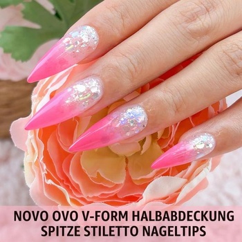 NOVO OVO Sharp Stiletto Soft gélové tipy na nechty, polovičné krytie, extra silné, tvar V, ploché