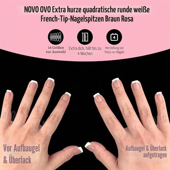 NOVO OVO Extra krátke biele francúzske tipy na nechty, XS XXS štvorcové okrúhle HNEĎ RUŽOVÉ, pre