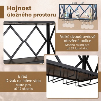 Nástenný stojan na víno s LED osvetlením JV13103, 51 x 26,5 x 60 cm, čierno / hnedá - A