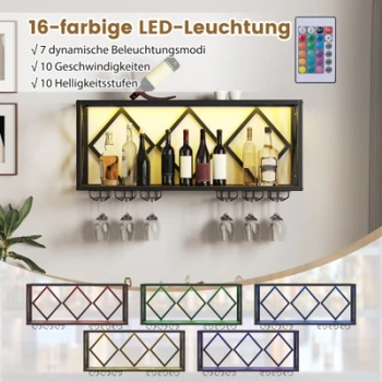 Nástenný stojan na víno s LED osvetlením JV13103, 51 x 26,5 x 60 cm, čierno / hnedá - A